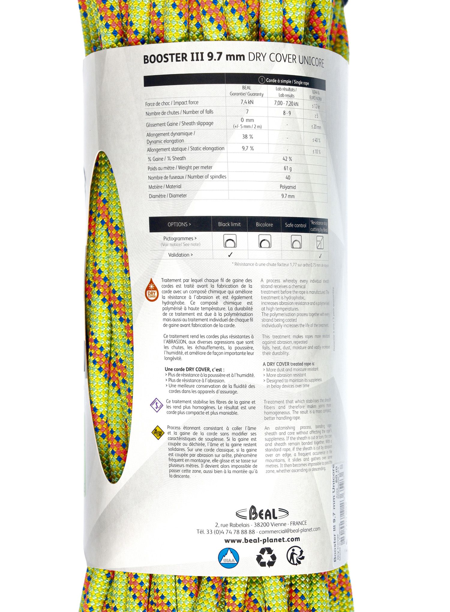 Динамично въже Beal Booster III 9,7 mm 50 m Unicore Dry Cover - anis