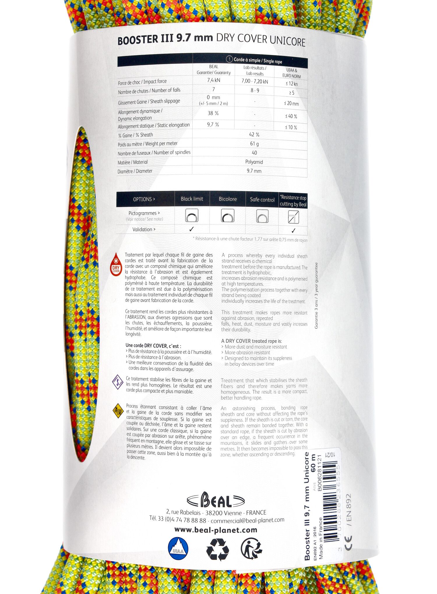 Въже за катерене Beal Booster III 9,7 mm 60 m Unicore Dry Cover - anis