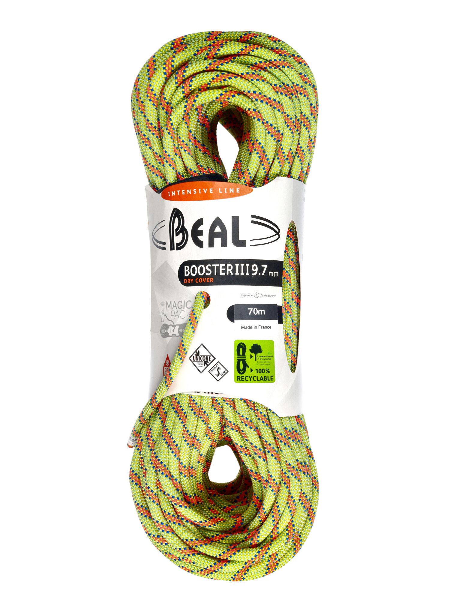 Динамично въже Beal Booster III 9,7 mm 70 m Unicore Dry Cover - anis