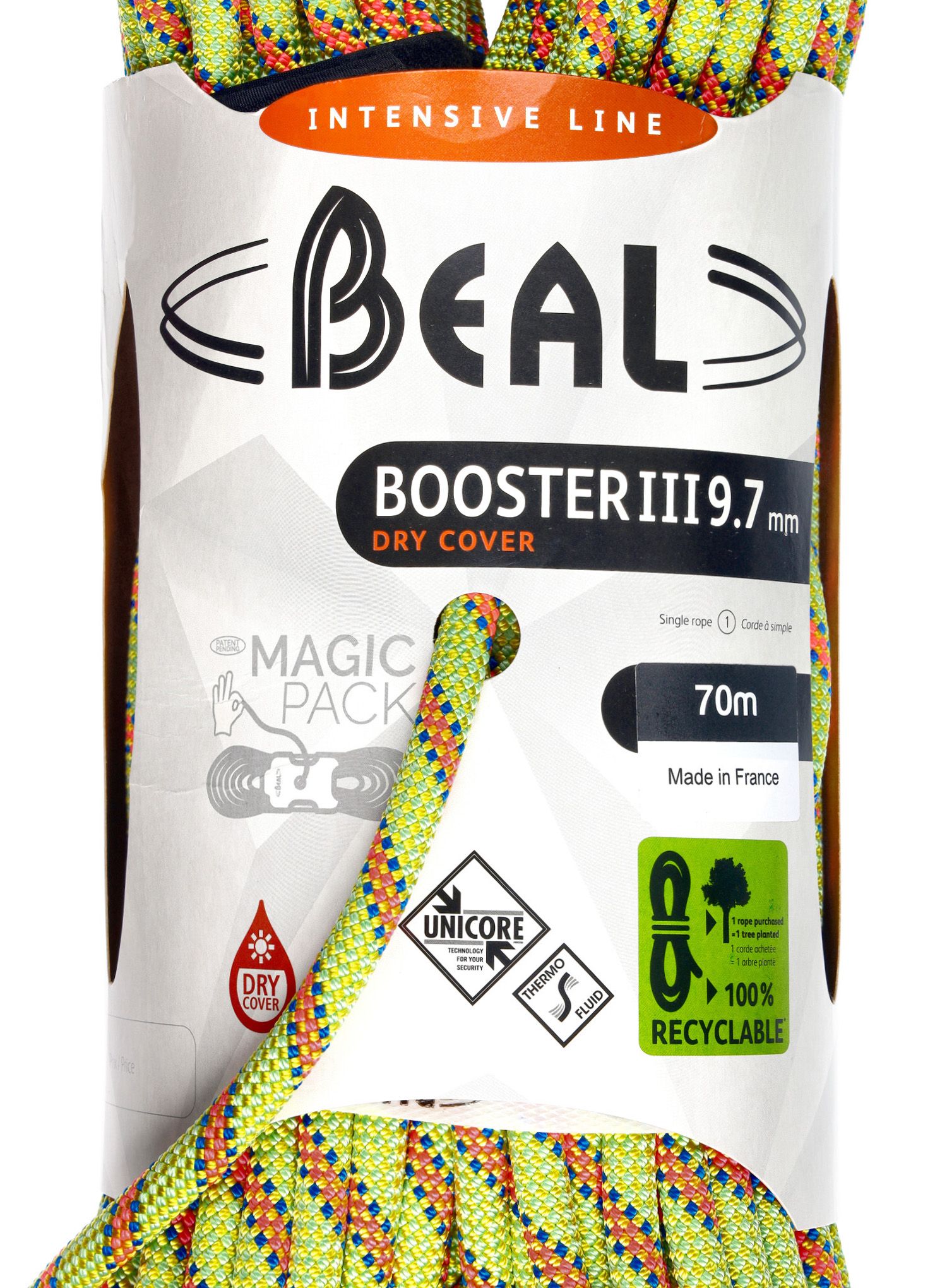 Динамично въже Beal Booster III 9,7 mm 70 m Unicore Dry Cover - anis