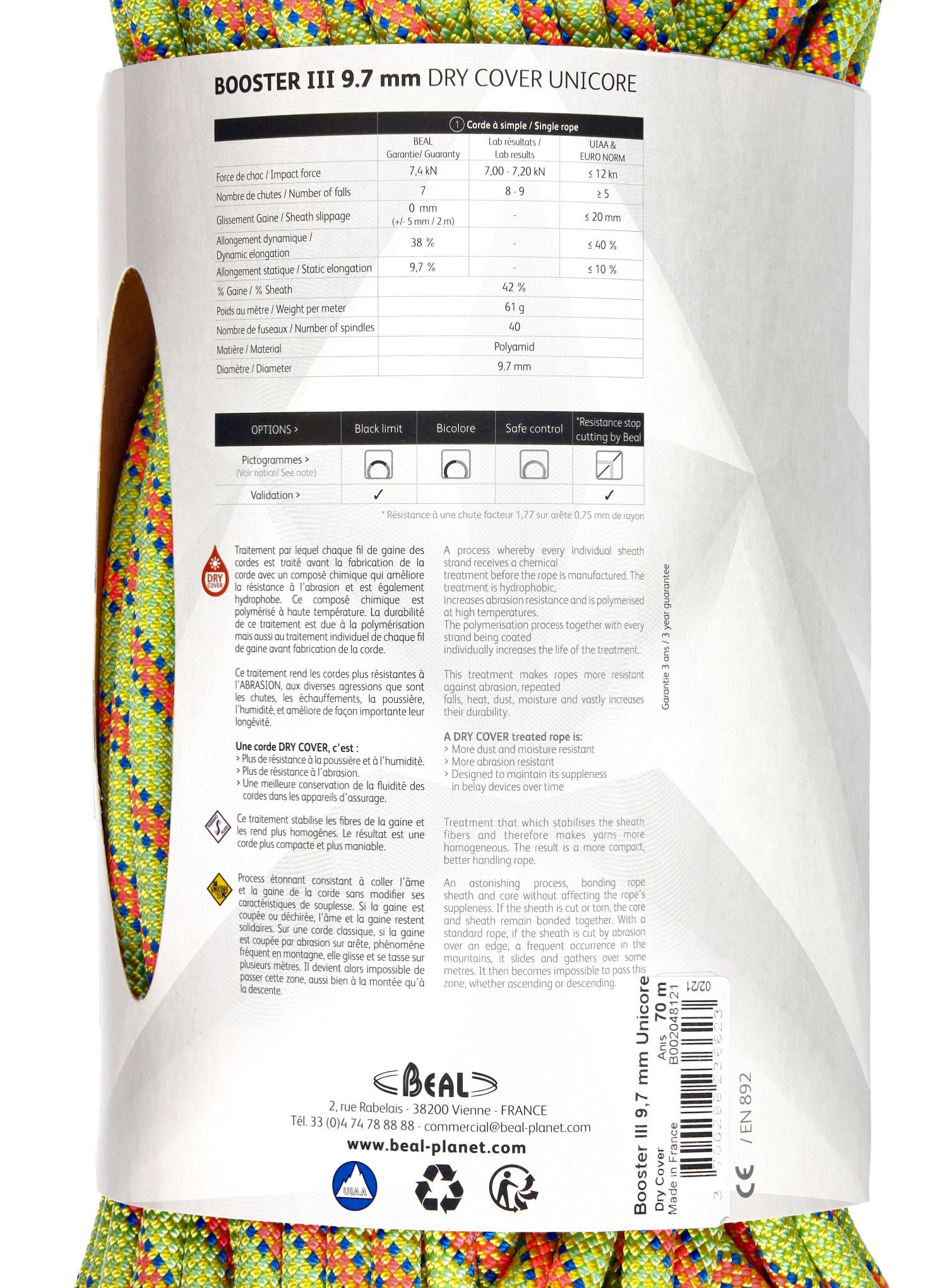 Динамично въже Beal Booster III 9,7 mm 70 m Unicore Dry Cover - anis