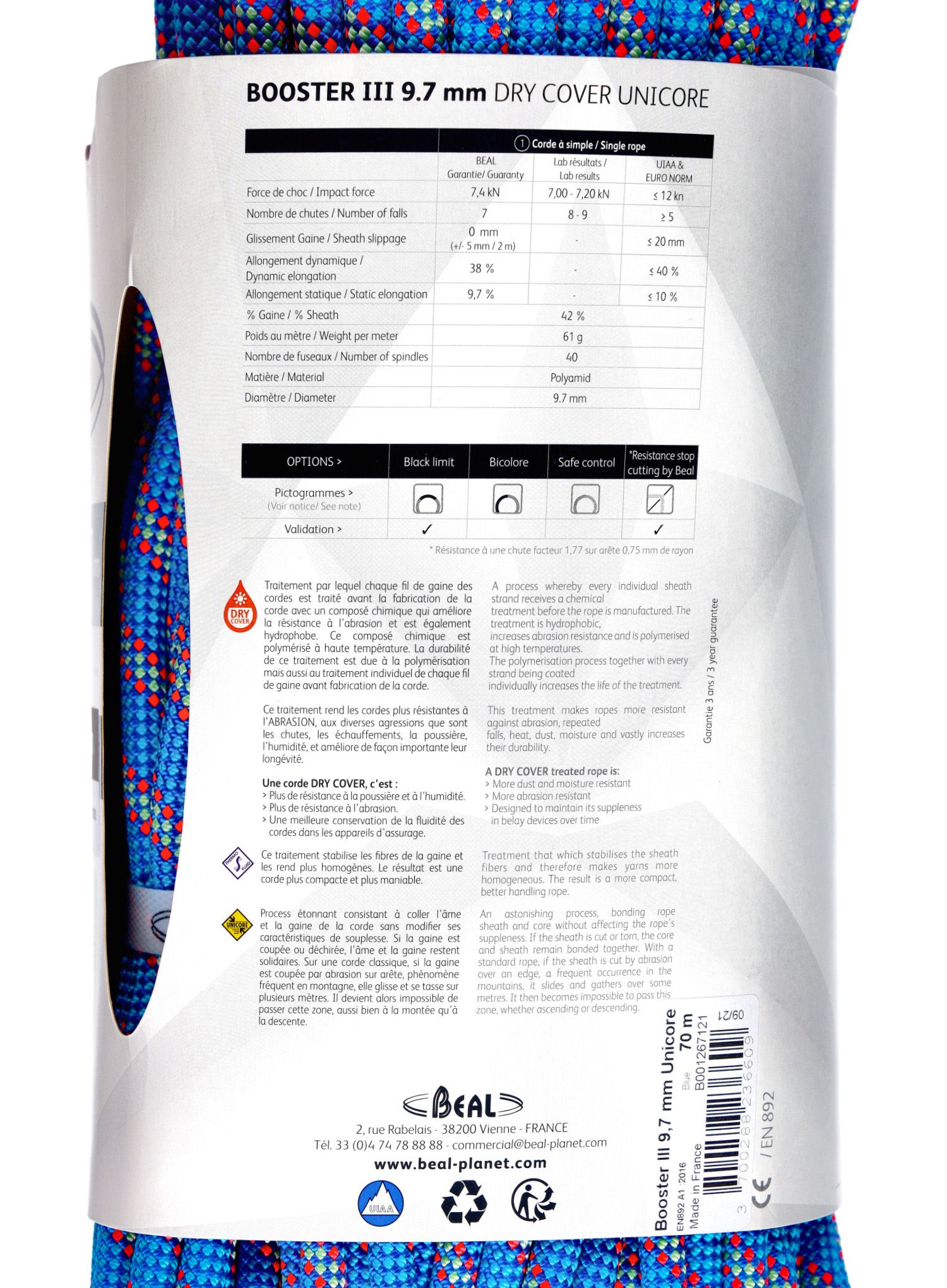 Въже за катерене Beal Booster III 9,7 mm 70m Unicore Dry Cover - blue