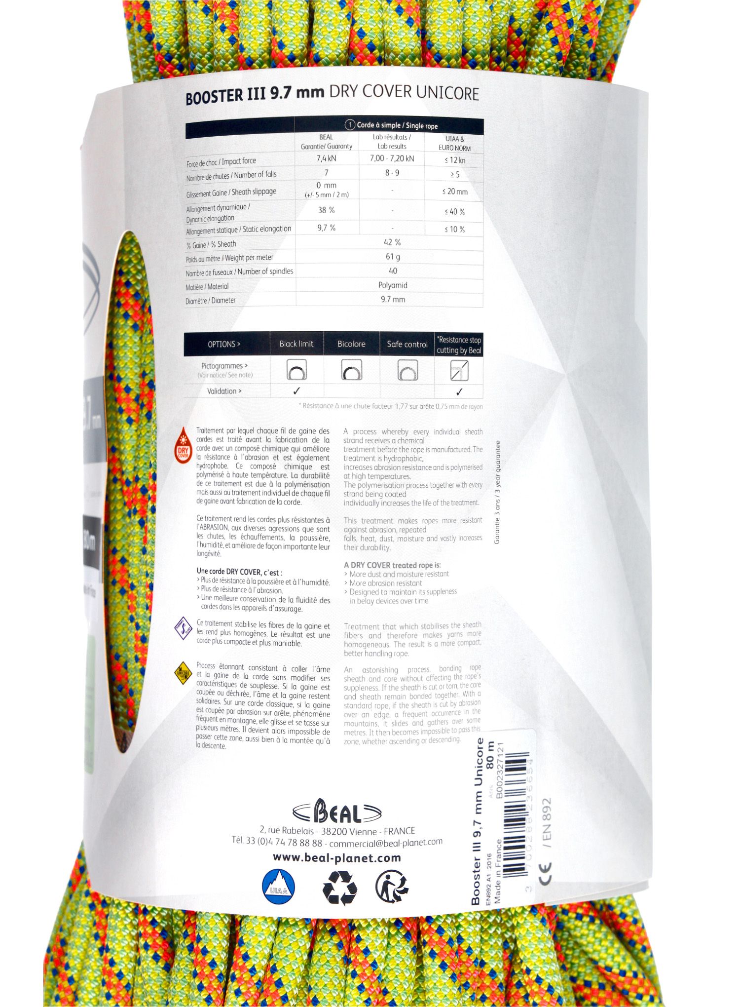 Динамично въже Beal Booster III 9,7 mm 80 m Unicore Dry Cover - anis