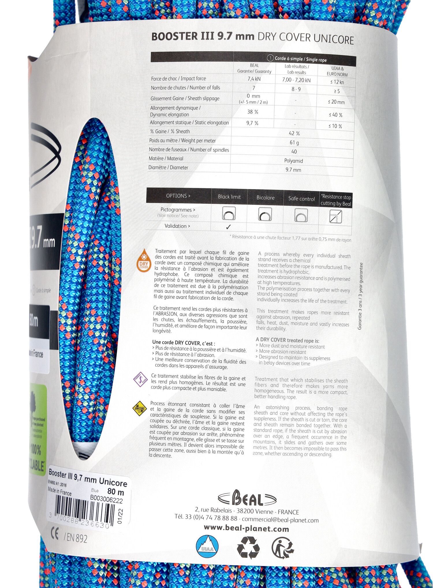 Динамично въже Beal Booster III 9,7 mm 80 m Unicore Dry Cover - blue