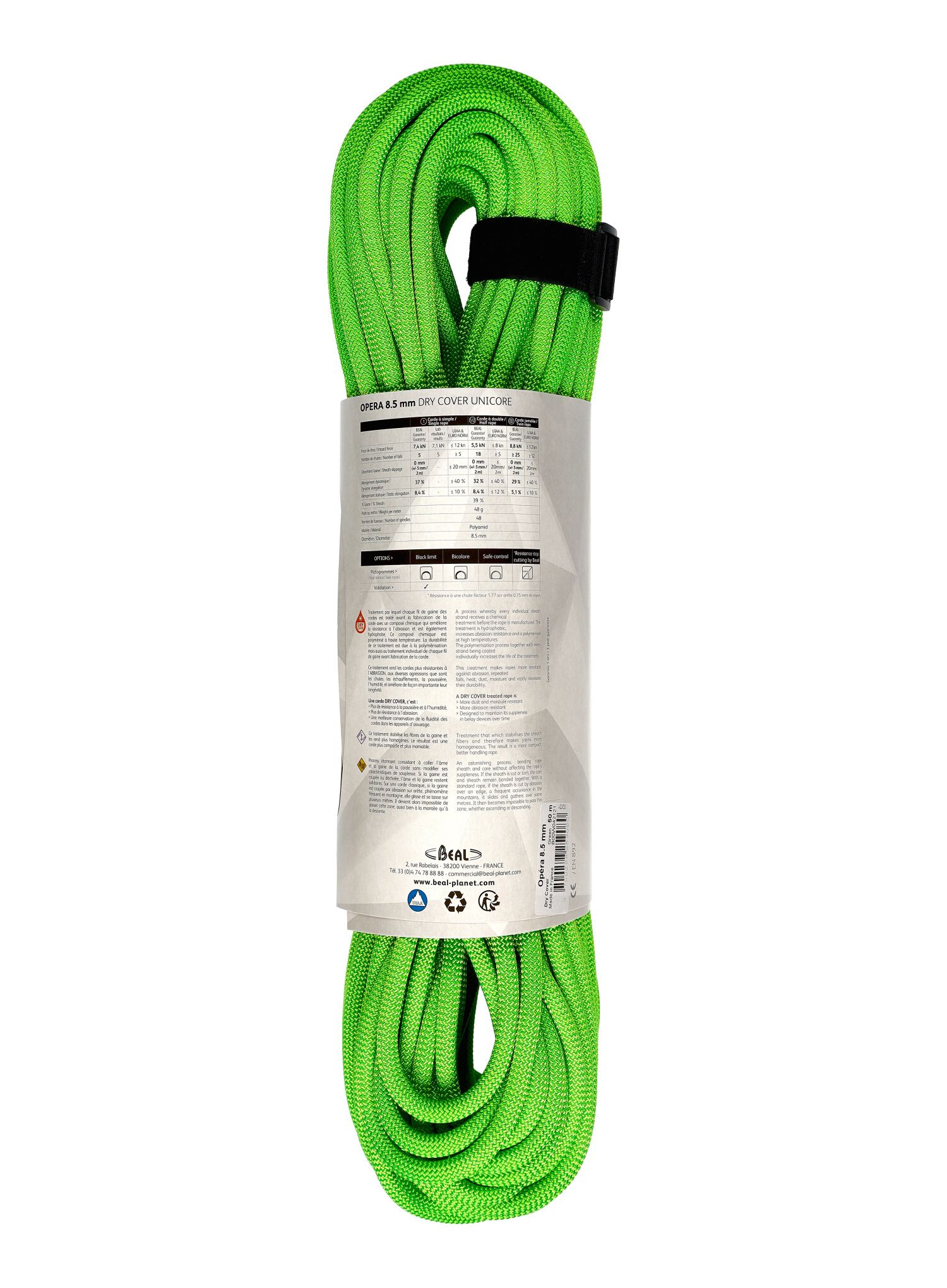 Въже за катерене Beal 8,5 mm Opera Unicore Dry Cover 50 m - green