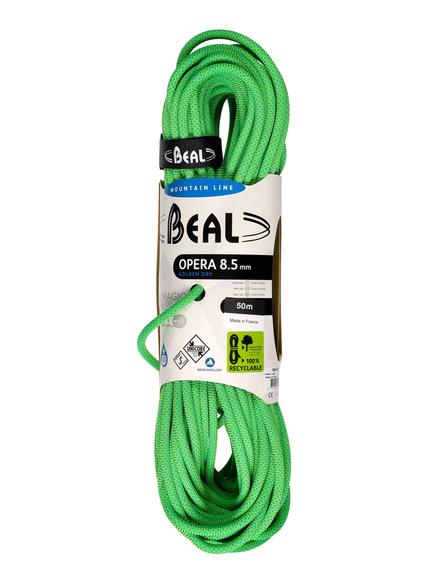 Динамично въже Beal Opera 8,5 mm 50 m Unicore Golden Dry - green