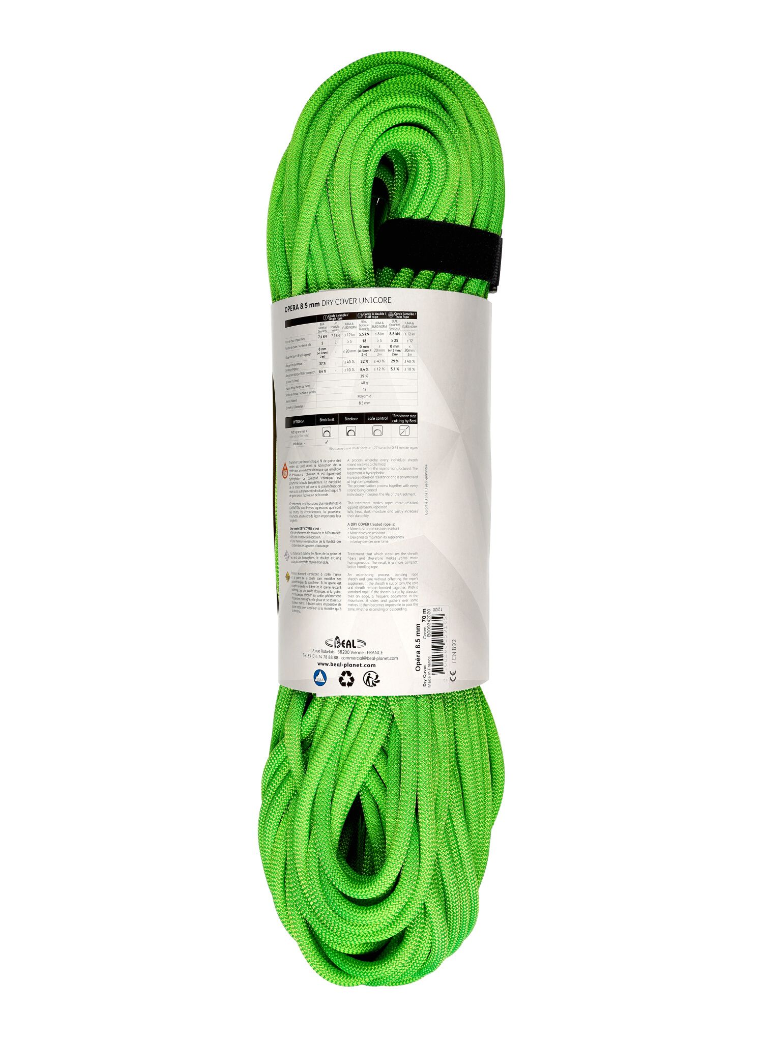 Въже за катерене Beal 8,5 mm Opera Unicore Dry Cover 70 m - green