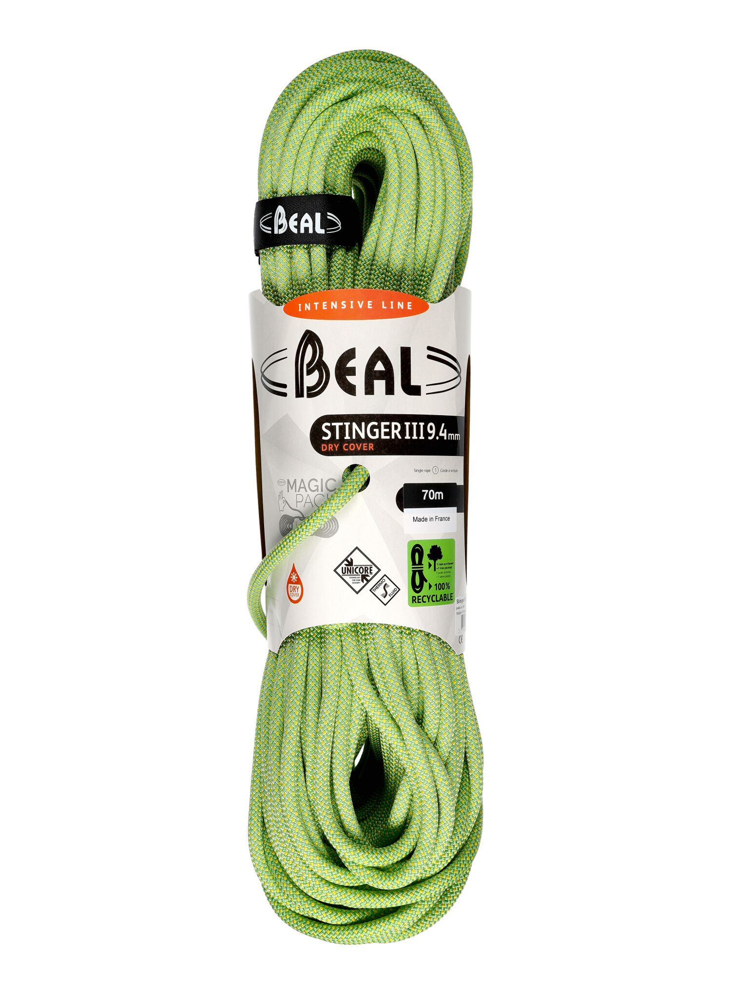Въже за катерене Beal Stinger III 9,4 mm 70 m Unicore Dry Cover - anis