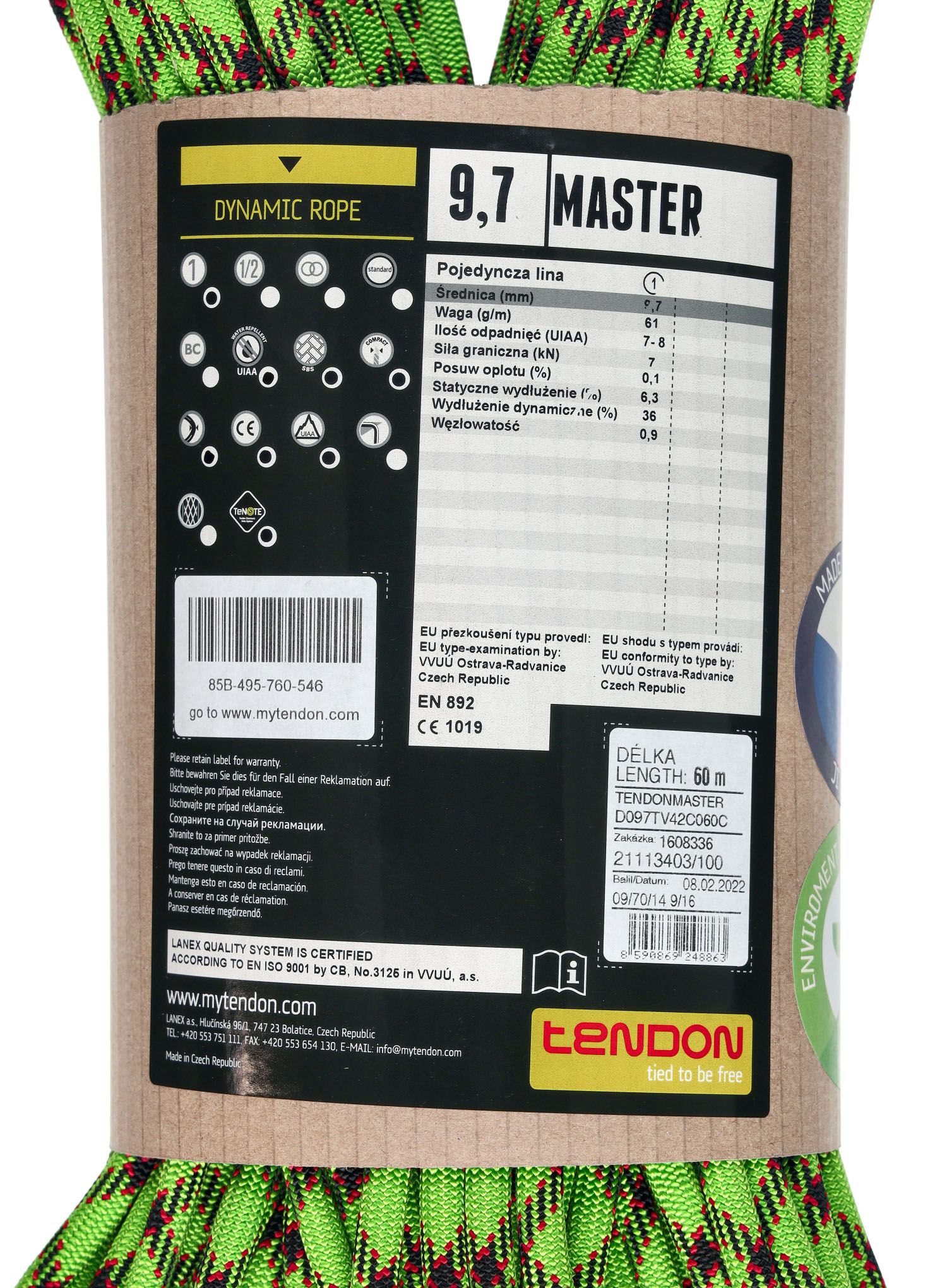 Въже за катерене Tendon Master 9,7 mm 70 m - green