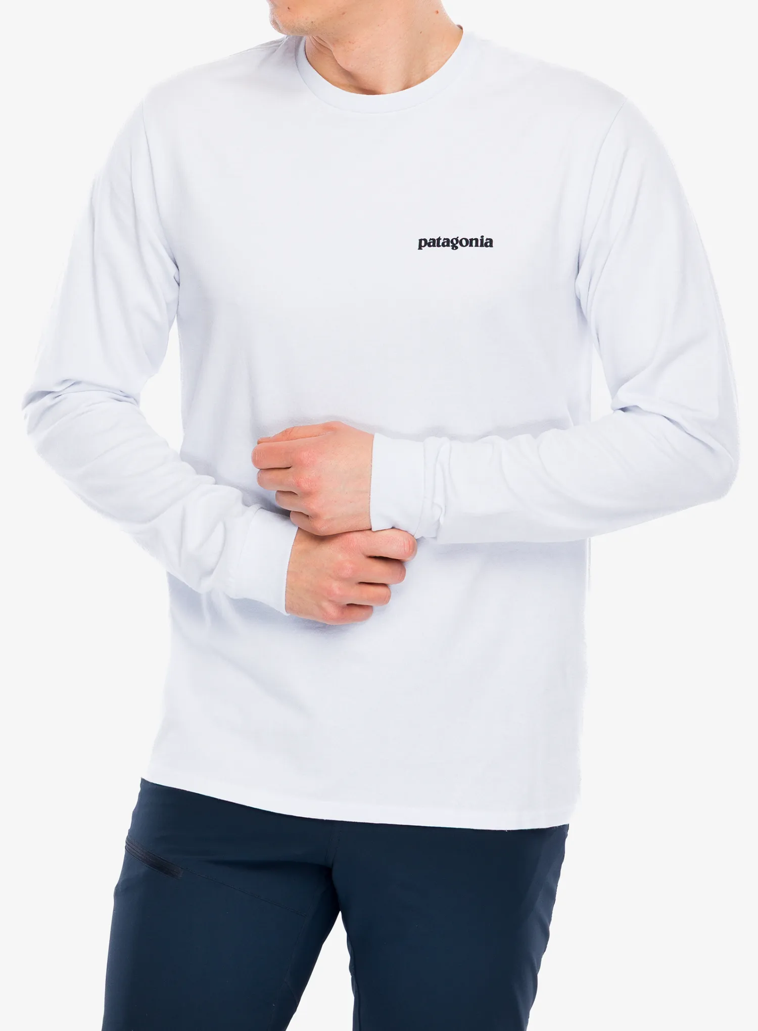 Суичър без качулка Patagonia L/S P-6 Logo Responsibili-Tee - white