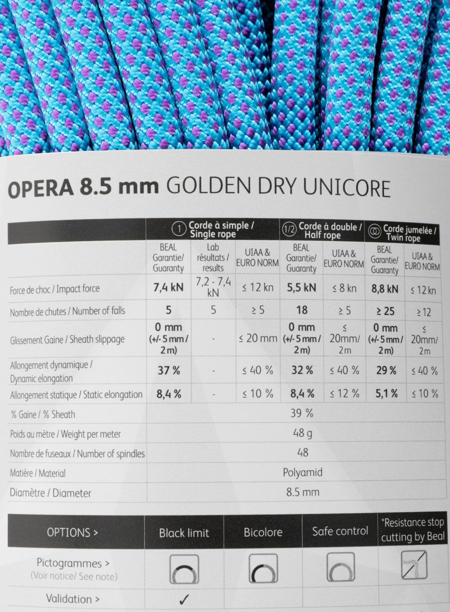 Динамично въже Beal Opera 8,5 mm 70 m Unicore Golden Dry