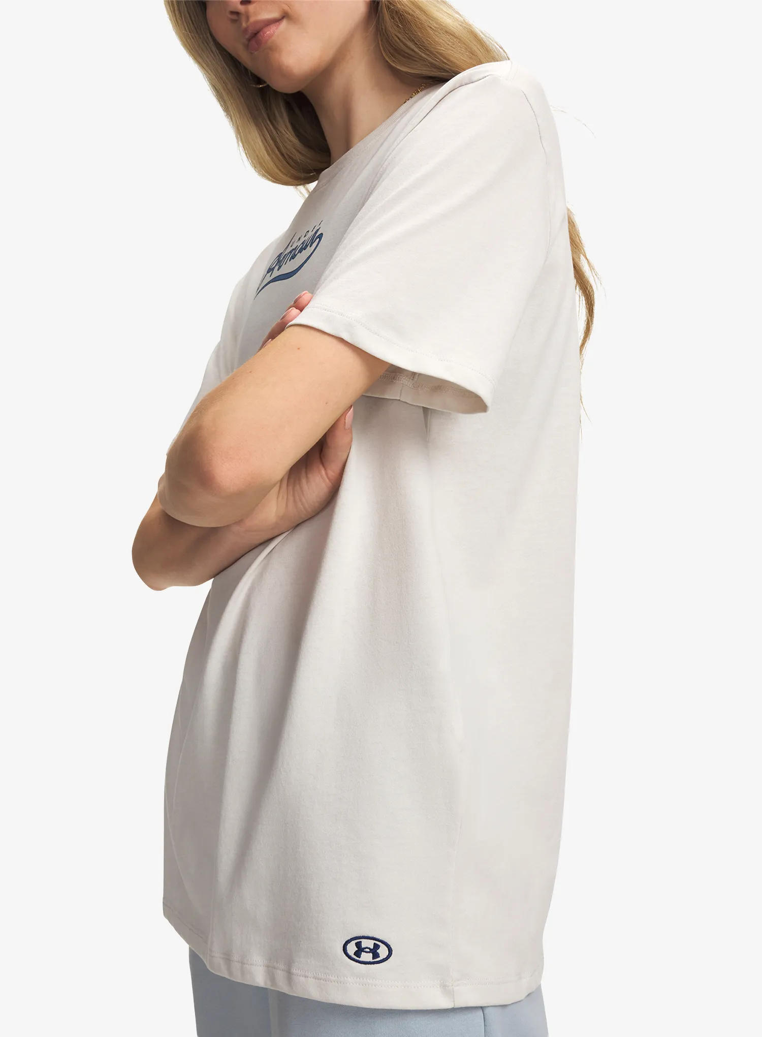 Дамска памучна тениска Under Armour Rival Wordmark Graphic SS - summit white/aegean blue