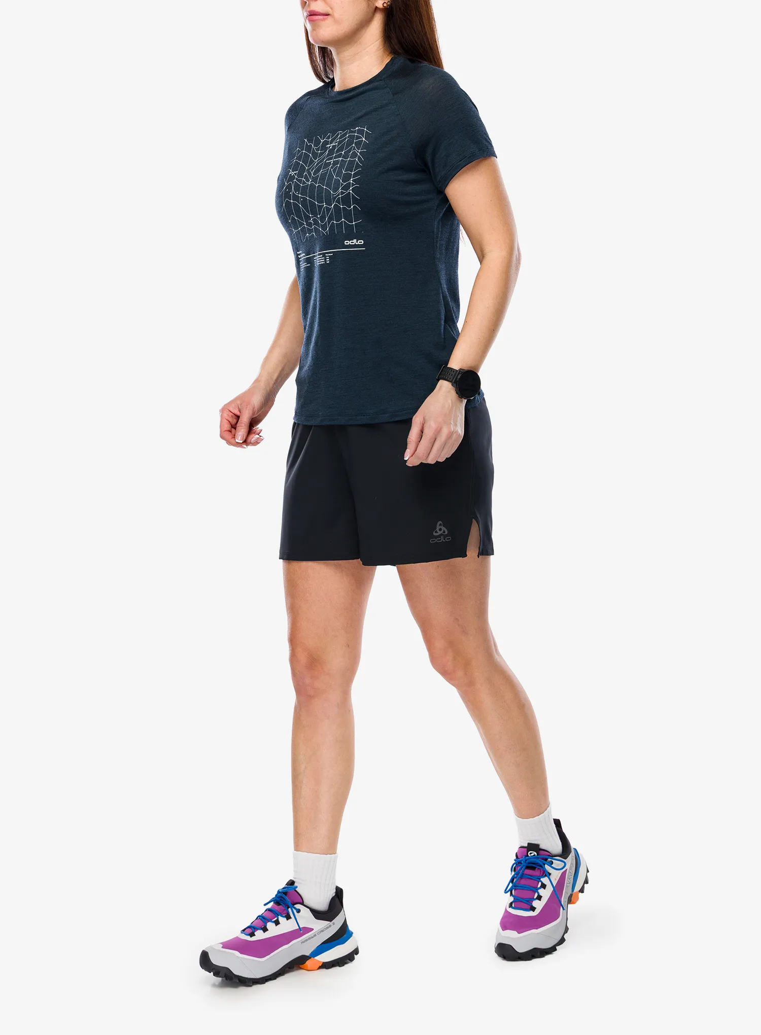 Дамска тениска мерино Odlo Merino Tencel Hyper Map Crew Neck S/S - dark sapphire melange