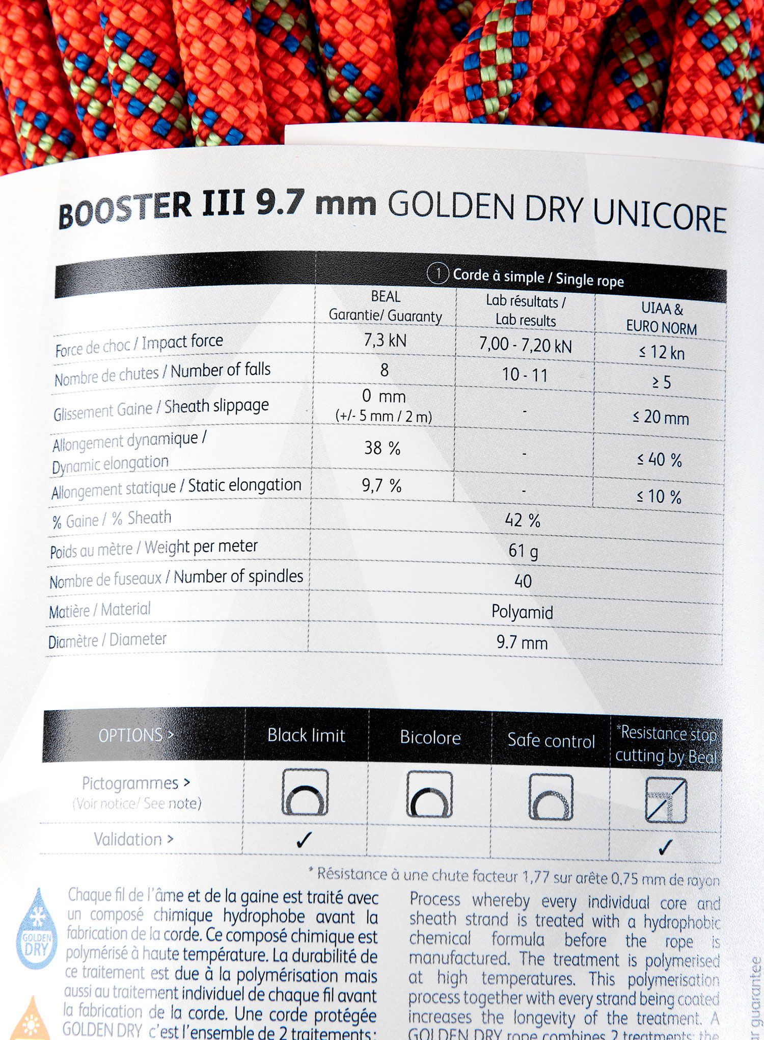 Въже за катерене Beal Booster III 9,7 mm 70 m Unicore Golden Dry - orange