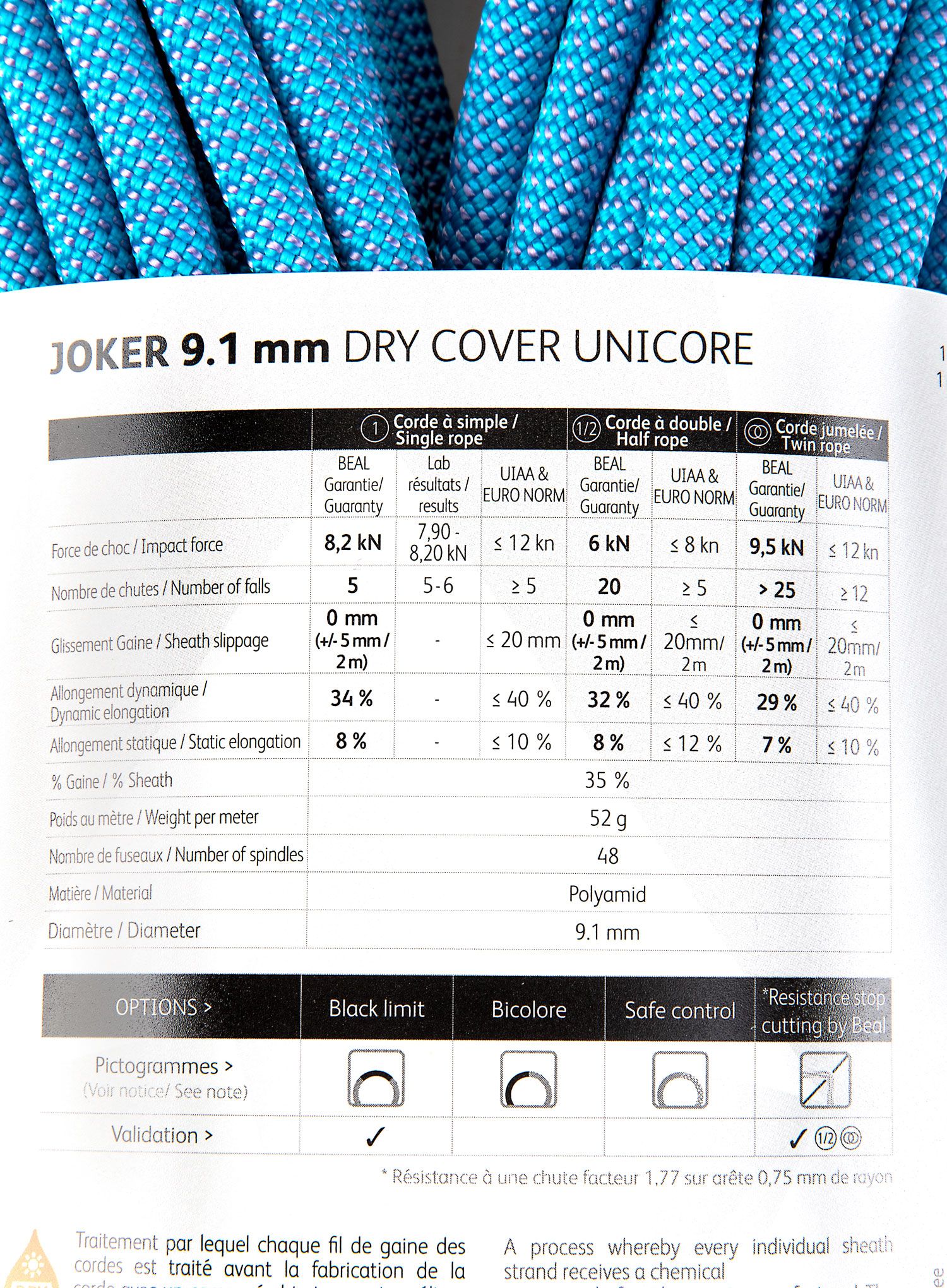 Въже за катерене Beal Joker 9,1 mm 50 m Unicore Dry Cover - blue