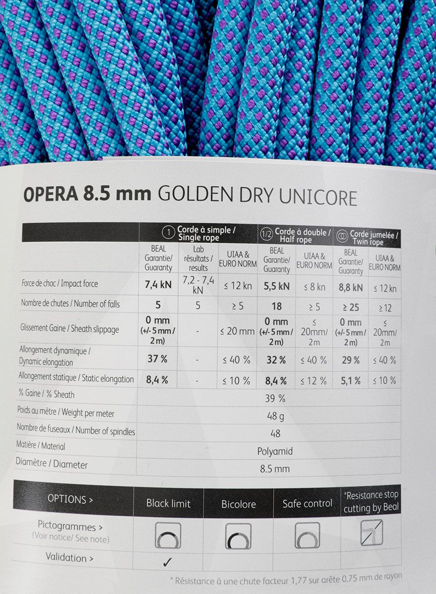 Динамично въже Beal Opera 8,5 mm 70 m Unicore Golden Dry x 2 - green/blue