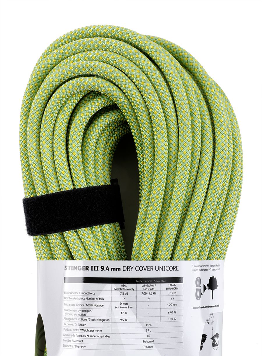 Въже за катерене Beal Stinger III 9,4 mm 60 m Unicore Dry Cover - anis