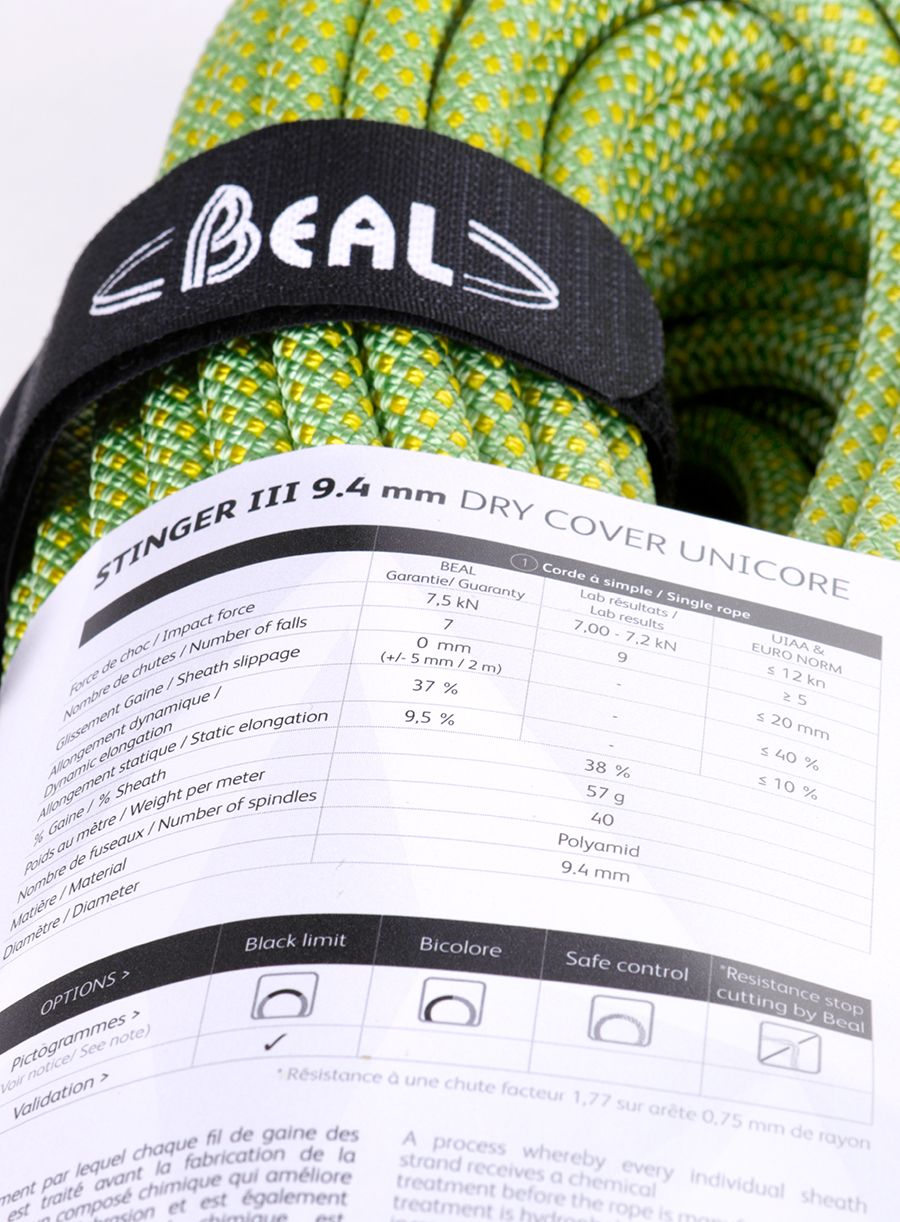 Въже за катерене Beal Stinger III 9,4 mm 70 m Unicore Dry Cover - anis