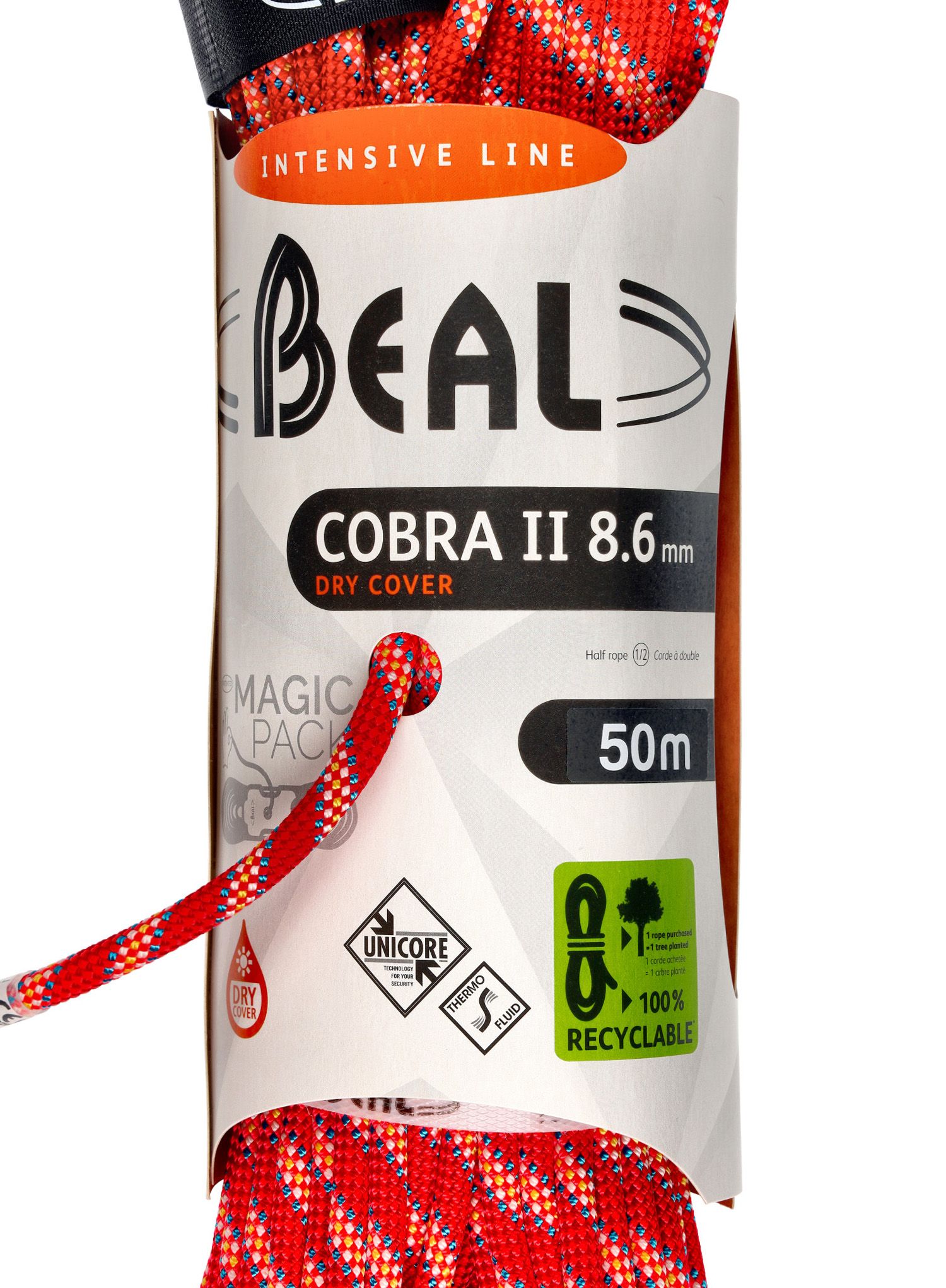 Динамично въже Beal Cobra Unicore Dry Cover 8,6 mm 50 m - orange