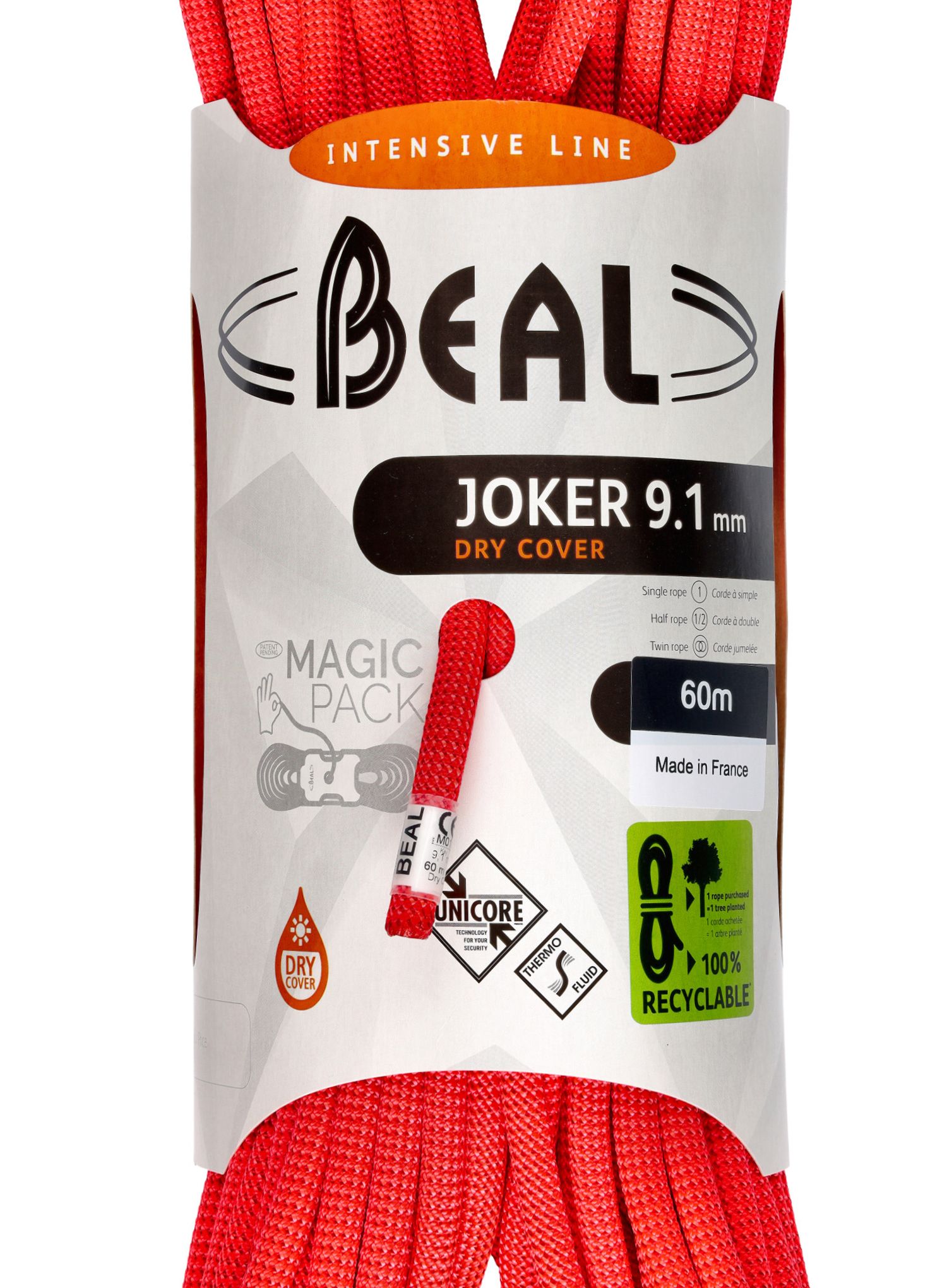 Динамично въже Beal Joker 9,1 mm 60 m Unicore Dry Cover - orange