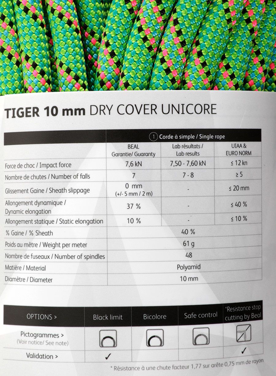 Динамично въже Beal Tiger 10 mm 60m Unicore Dry Cover - green