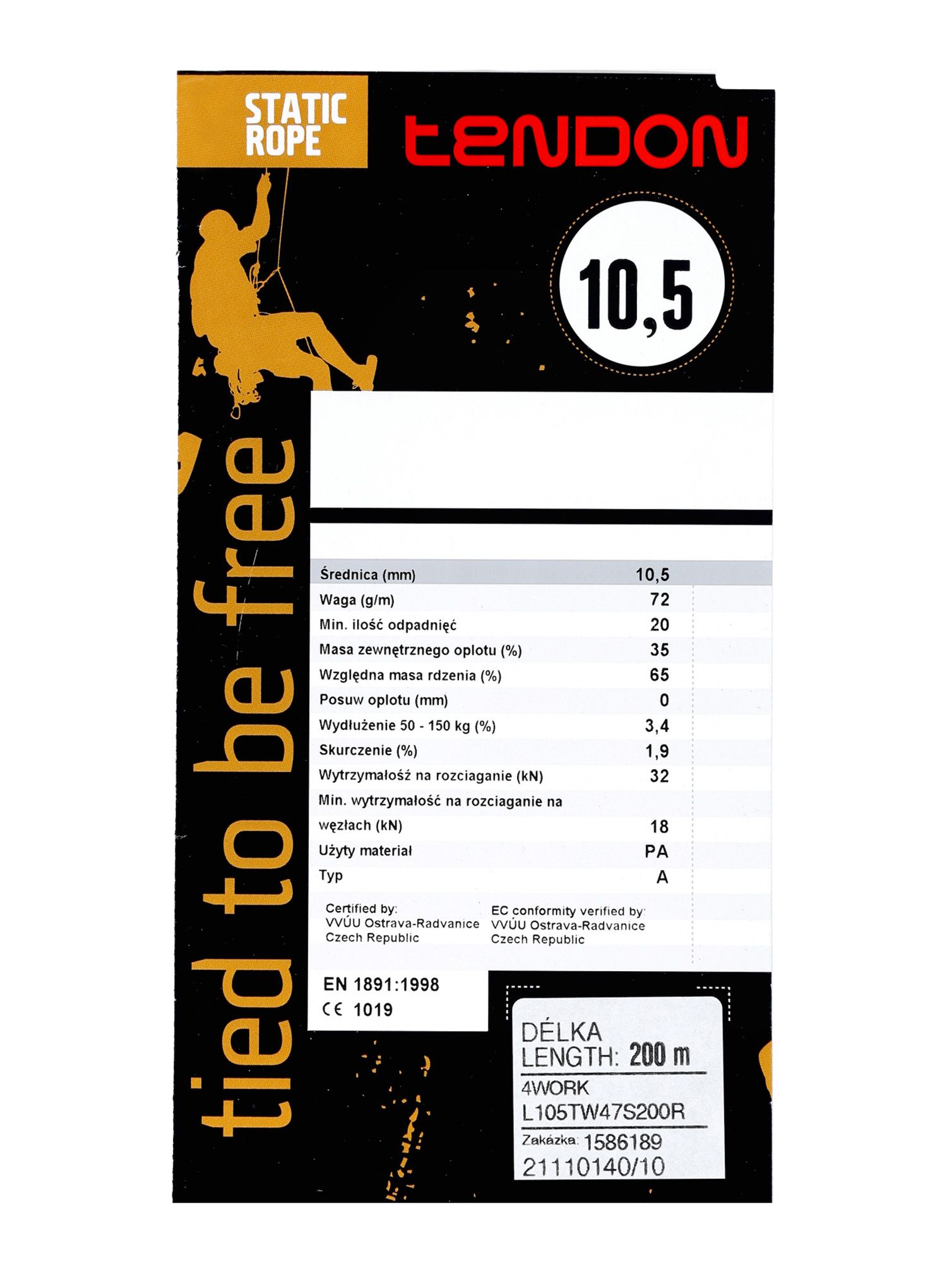 Статично въже Tendon Static 10,5 mm 100 m - black