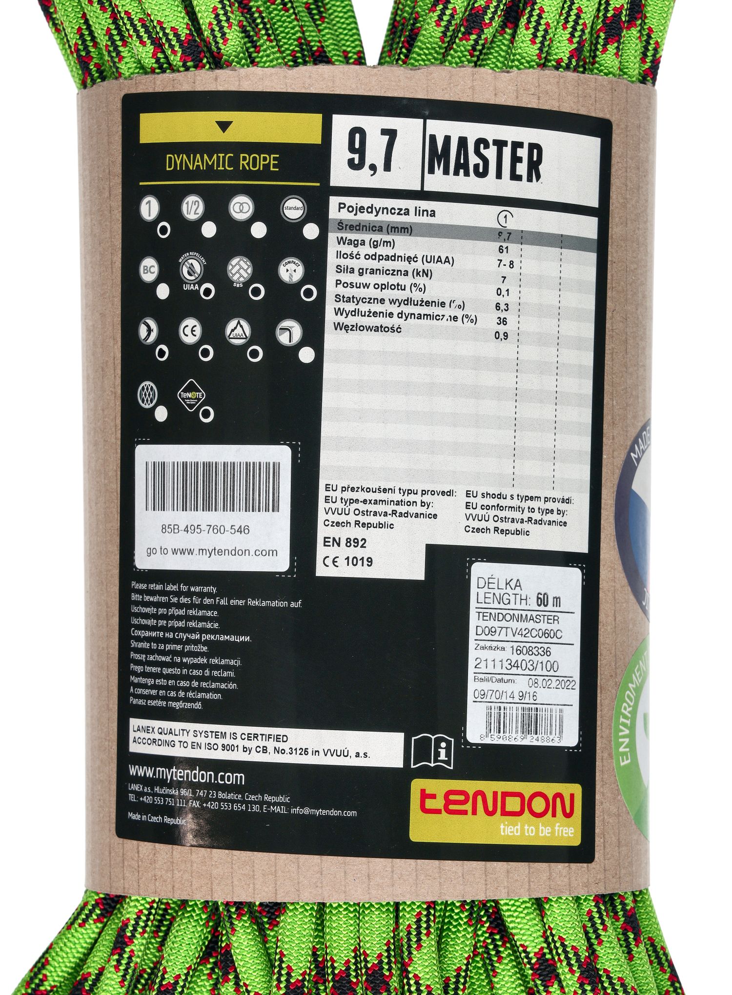 Въже за катерене Tendon Master 9,7 mm 60 m - green