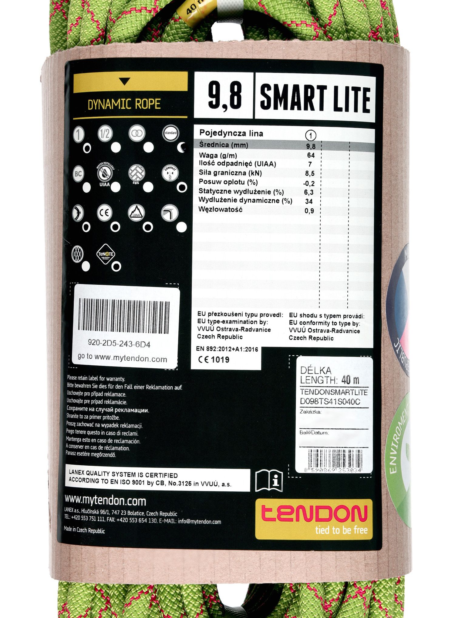 Въже за катерене Tendon Smart Lite 9,8 mm 40 m - green
