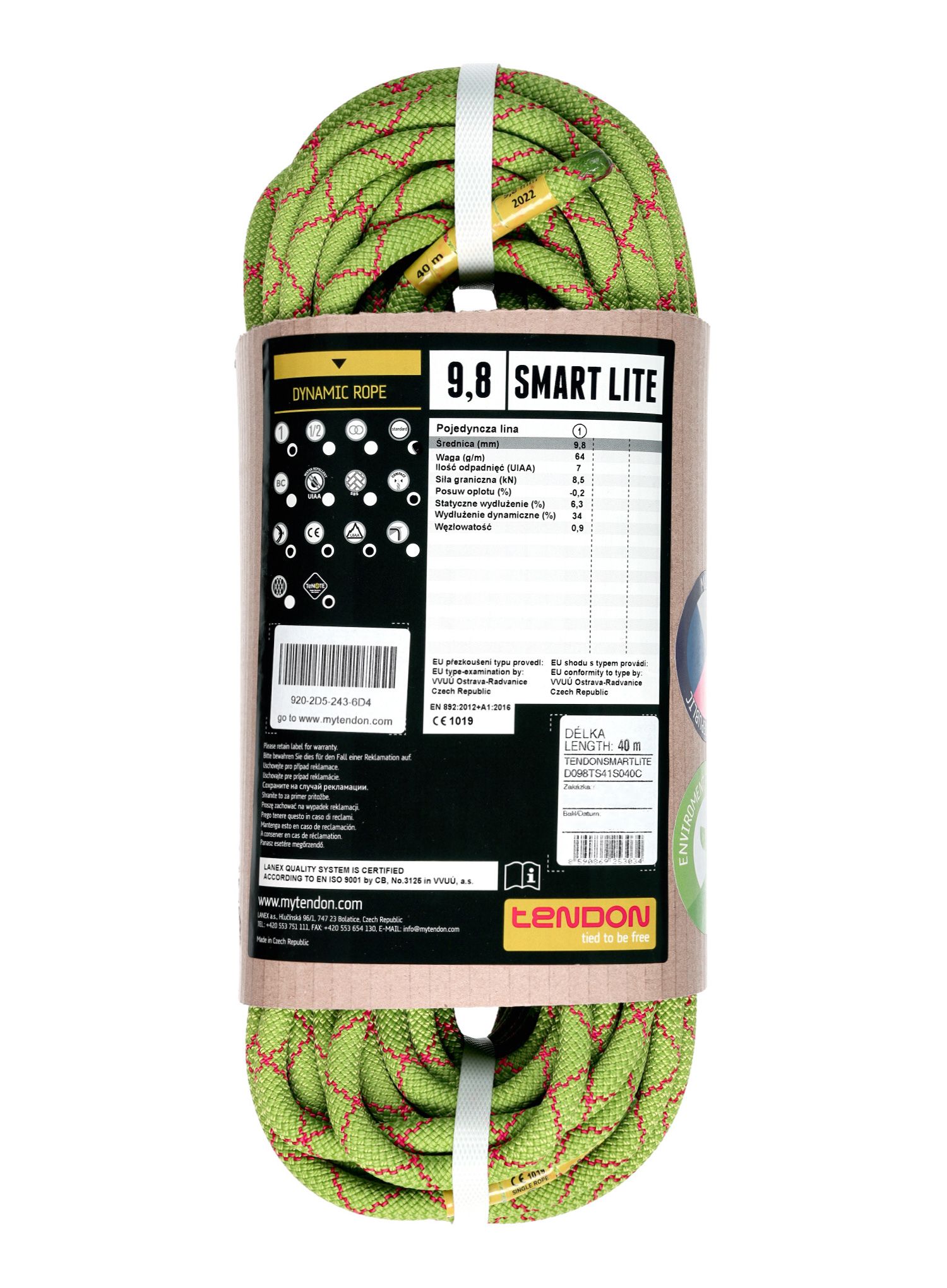Въже за катерене Tendon Smart Lite 9,8 mm 40 m - green