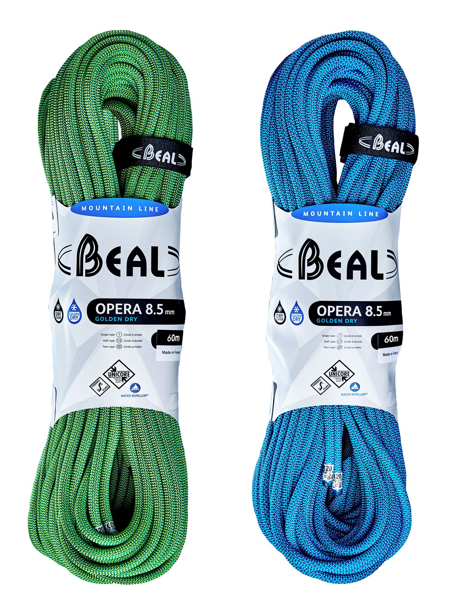 Двойно въже Beal Opera 8,5 mm 60 m Unicore Golden Dry x 2 - green/blue