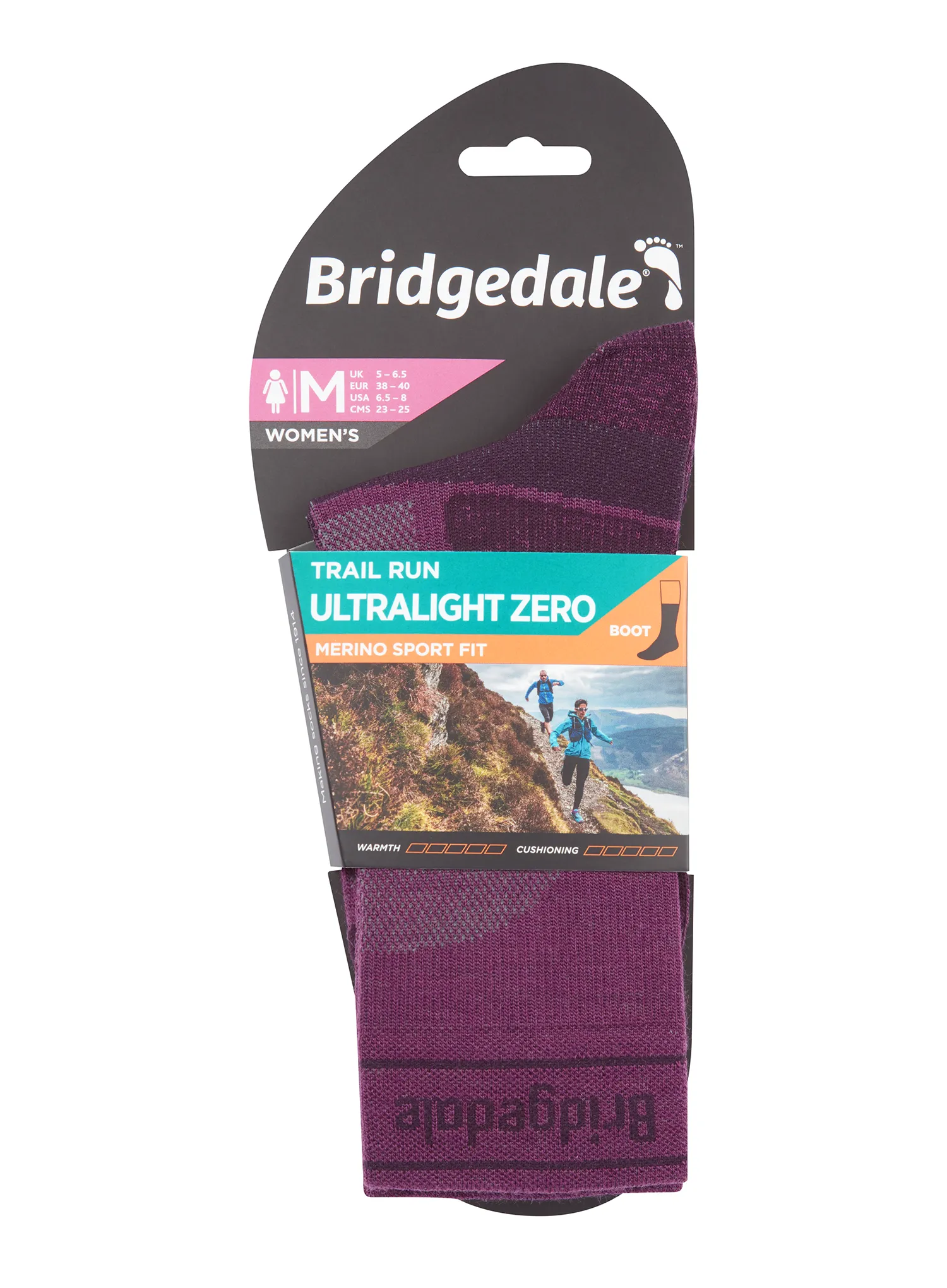 Чорапи за бягане дамски Bridgedale Trail Run Ultralight Zero Merino Sport Boot - purple