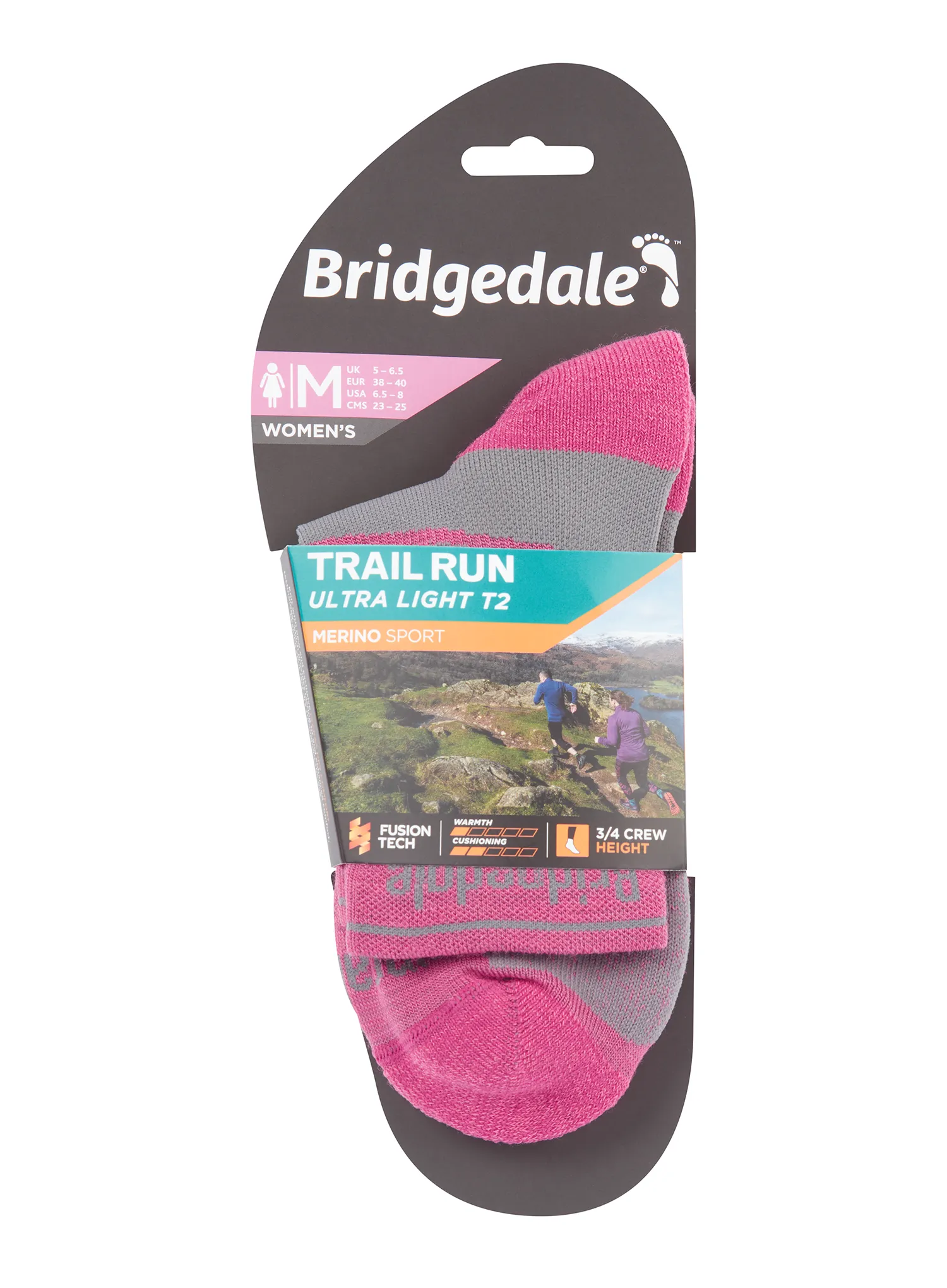 Чорапи за бягане дамски Bridgedale Ultralight T2 Merino Sport 3/4 Crew - pink